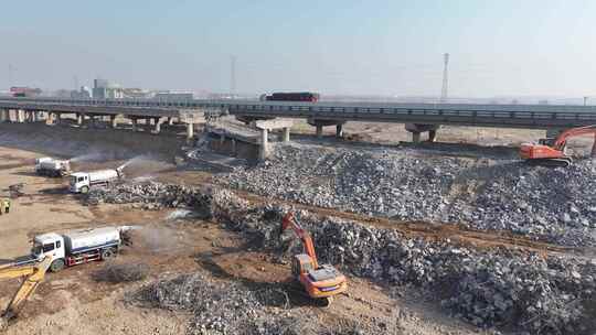 桥梁工程拆除重建施工现场航拍视频素材模板下载