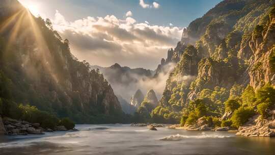 山间河流阳光风景