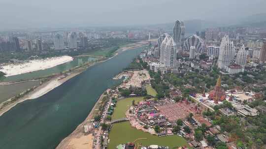 云南西双版纳景洪市澜沧江城市风光航拍