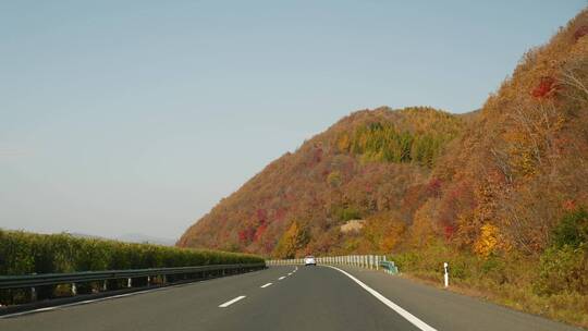 东北秋天公路两边的大山景色