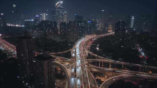 上海市延安东路车流夜景航拍延时城市交通