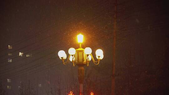4k夜晚大雪中小区里的路灯slog2实拍