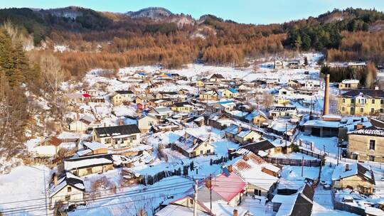 中国黑龙江冬季横道河子小镇雪乡航拍