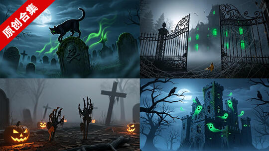 万圣节幽灵城堡夜景