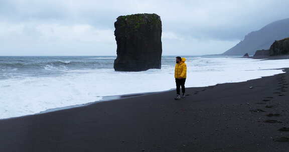 冰岛莱克贾维克海滩海岸线上的人带着泡沫海