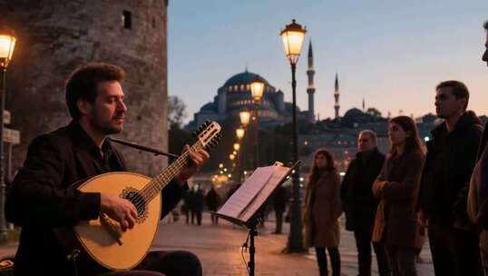 街头男子弹奏乐器吸引路人