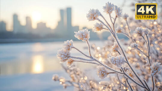梅花树枝树叶花草结冰特写唯美风景景色