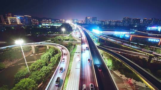 航拍夜晚杭州滨江时代大道高架中兴立交夜景