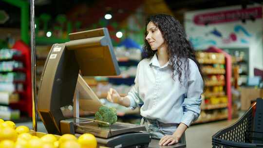 年轻漂亮的黑发女人购物者称超市杂货店蔬菜