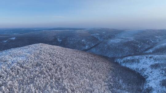 航拍逶迤山岭雪林雾凇