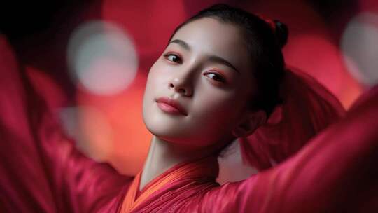 唐风美人身着红色霓裳轻盈舞动