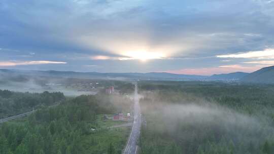 航拍夕阳照耀的云雾森林