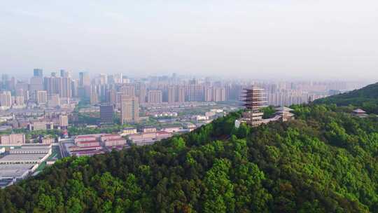 杭州临平公园东来阁与城市建筑风光航拍