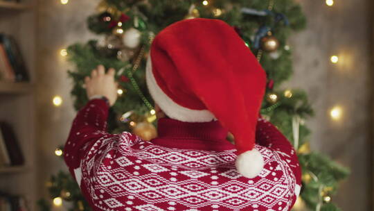 戴着圣诞帽的人装饰圣诞树