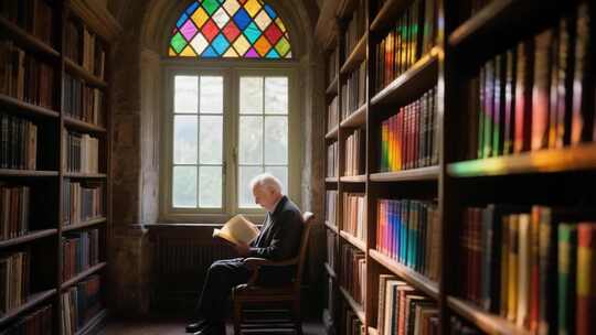 老人于图书馆窗边安静读书