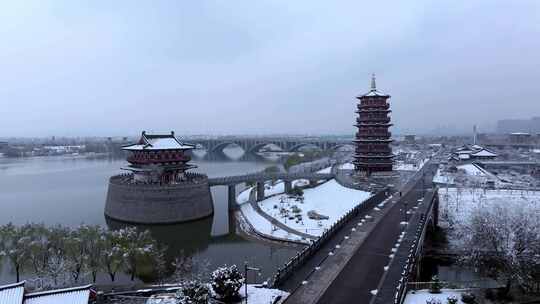 航拍洛阳朱樱塔雪景