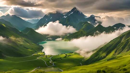 山峦湖泊自然风光全景