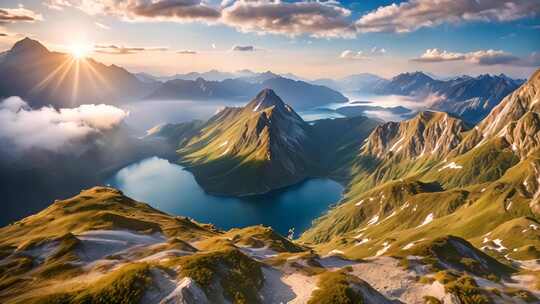 高山湖泊日出全景