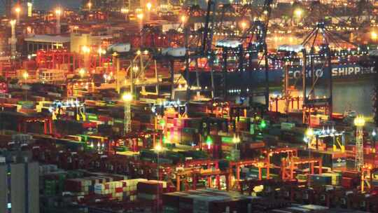 航拍城市出口海运港口物流集装箱码头夜景