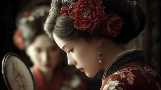 唐朝丽人对镜梳妆古典唯美意境深远