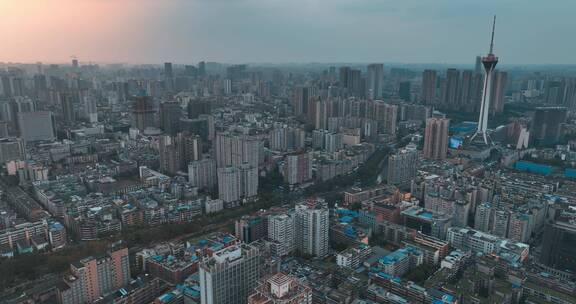 航拍成都市中心夏日夕阳都市景观