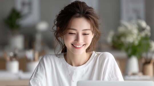 自信微笑的年轻女性居家办公场景