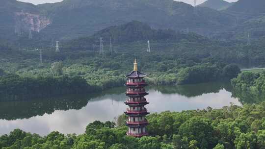 航拍深圳坪山泰和塔，大山陂水库，古塔山水