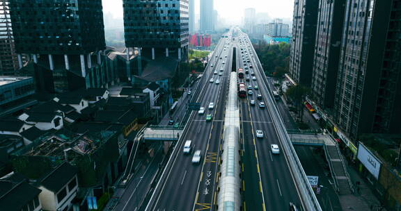 航拍成都二环路高架桥大范围延时都市景观