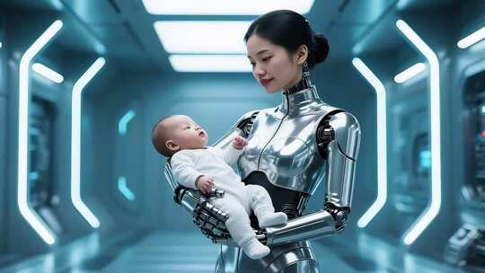 机器人怀抱婴儿的科幻场景