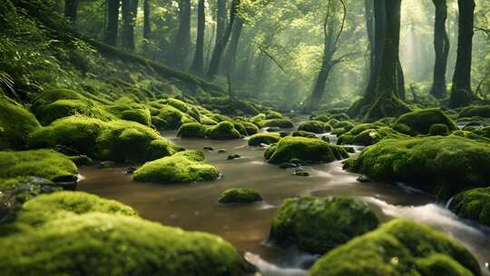 森林中溪流与苔藓景观
