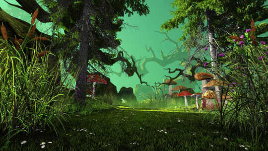 通过一个童话般的森林与植物和蘑菇的运动。