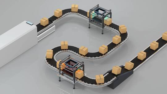 传送带上接受检测的包装箱3D渲染