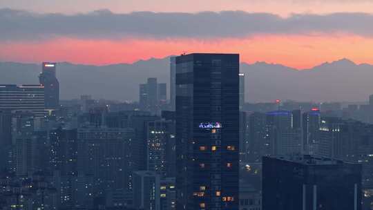 航拍火烧云黄昏城市夜景灯光