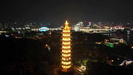 湖北鄂州莲花山元明塔夜景航拍