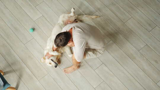 一个中年男人从头顶的角度抚摸他的金毛猎犬