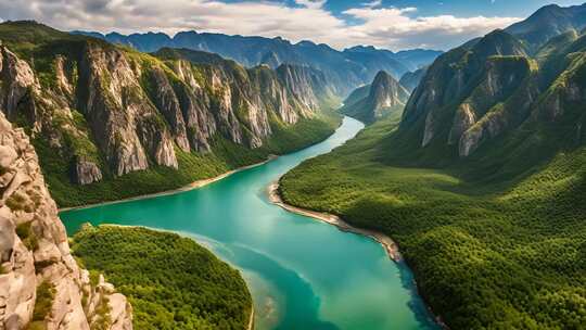 壮丽山脉间的河流森林景观