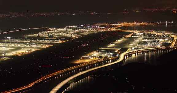 香港国际机场飞机起飞航拍港珠澳大桥夜景