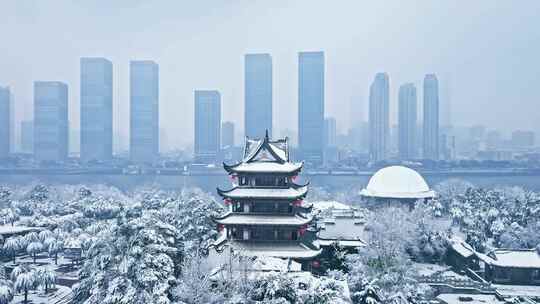 长沙橘子洲湘江大雪雪景航拍视频素材模板下载