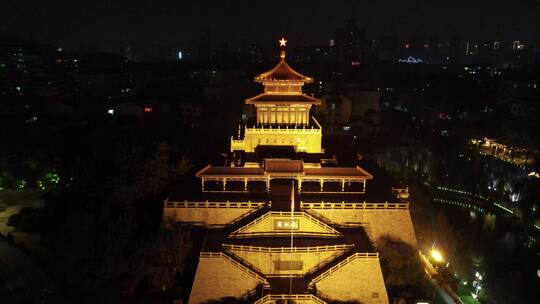 航拍山东济南解放阁夜景