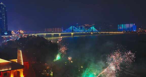 长沙湘江银盆岭大桥元宵节夜景航拍