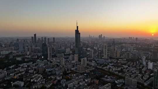 江苏南京CBD紫峰大厦建筑群日落夜景航拍