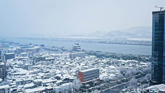 长沙湘江杜甫江阁雪景航拍