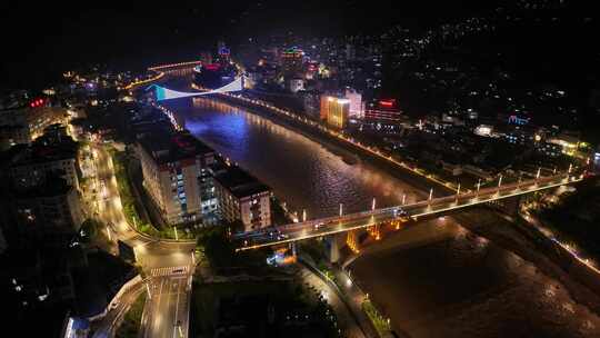 云南怒江州福贡县城市建筑夜景风光航拍