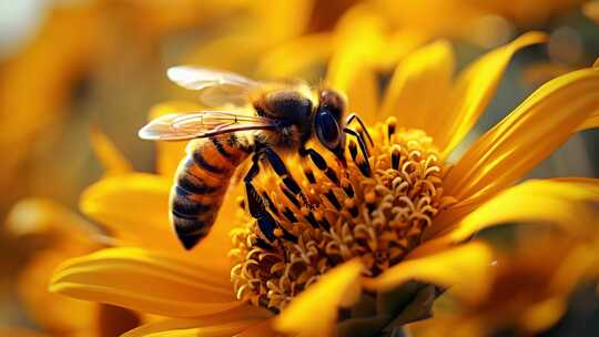 4K蜜蜂采蜜花丛阳光向日葵高清