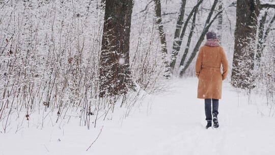 美女在公园雪地里行走