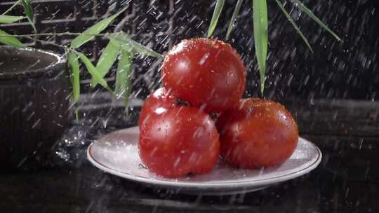 西红柿在雨中棚拍
