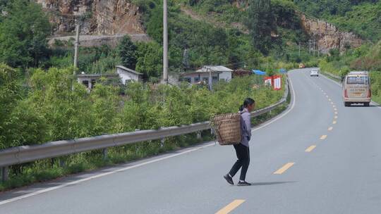 乡村路上走着的农民路边堆放的木柴