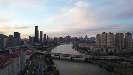 天津海河复兴门地铁站海津大桥城市交通风光