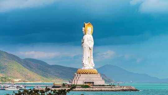 海南三亚南山寺航拍海上观音蔚蓝色天空