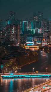 城市河流夜景高楼全景